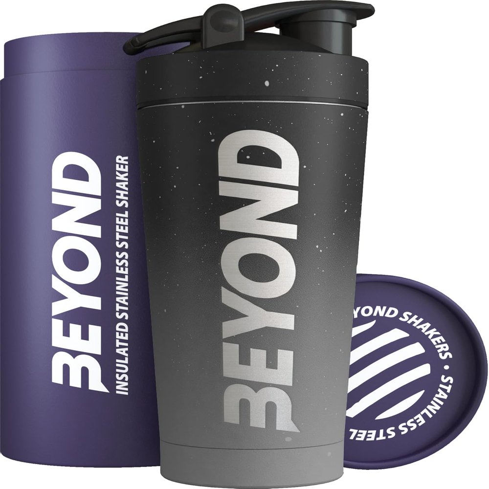 Beyond Shakers Insulated Metal Protein Shaker, Stainless Steel Supplement Bottle - BPA Free for Gym 735ml in Grey & Black