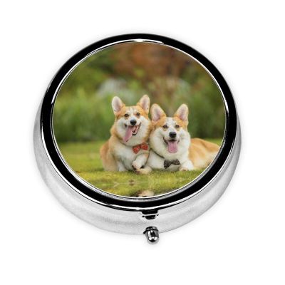 Dog On The Lawn Round Pill Box Decorative Box Pill Box, Two Compartment Pill Box
