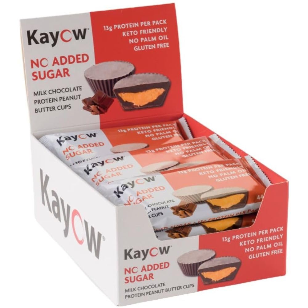 KAYOW No Added Sugar Milk Chocolate Peanut Butter Cups 12 x Packs of 2 x 22g High Protein Cups | 13g Protein Per Pack | No Added Sugar | Gluten Free Low Carb Keto Snacks
