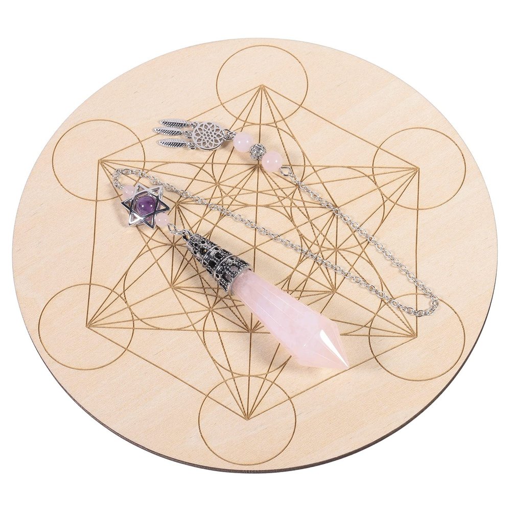 Nupuyai Healing Crystal Point Pendulum with Board, Reiki Dowsing Divination Meditation Chakra Balancing with Dream Catcher Merkaba Star Pendulum Set, Rose Quartz
