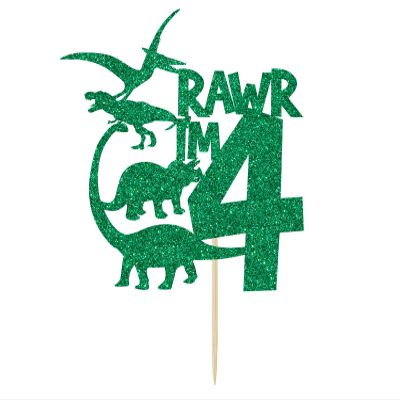 Green Glitter Rawr I'm 4 Cake Topper, Dinosaur Theme Happy 4th Birthday Cake Decorations, 4 Year Old Birthday Party Decorations