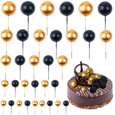 76 Pcs Gold&Black Balls Cake Topper Mini Balloons Cake Toppers Foam Ball Cake Picks Cupcake Topper DIY Cake Insert Topper Ball Cake Decorations for Anniversary Wedding Baby Shower Birthday Party