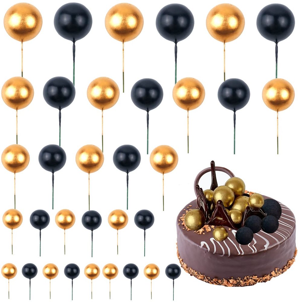 76 Pcs Gold&Black Balls Cake Topper Mini Balloons Cake Toppers Foam Ball Cake Picks Cupcake Topper DIY Cake Insert Topper Ball Cake Decorations for Anniversary Wedding Baby Shower Birthday Party