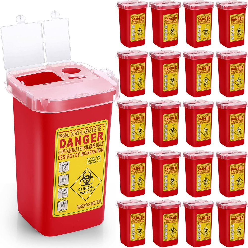 20 Pcs 1 Quart Flip Top Sharps Container Sharps Disposal Container Small Trash Bin Small Portable Container for Tattoo Parlors Use Office Barbershop Home Travel Use, 6" x 4" x 3", Red