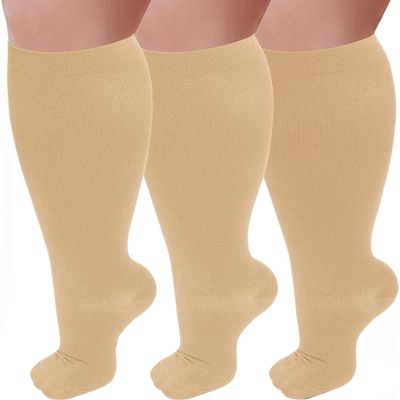 3 Pairs Plus Size Compression Socks for Women and Men Wide Calf 20-30mmhg Extra Large Knee High Support for Circulation, 02-3 Nude, XXXXL