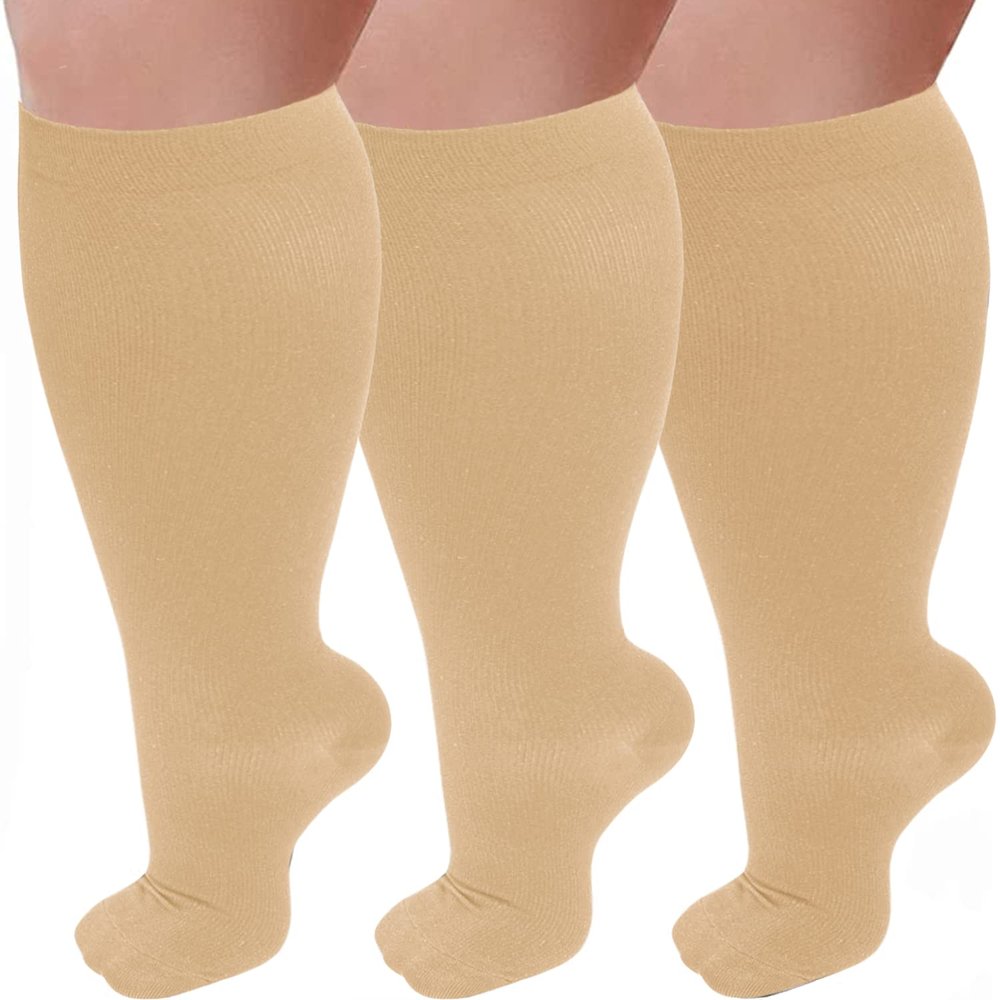 3 Pairs Plus Size Compression Socks for Women and Men Wide Calf 20-30mmhg Extra Large Knee High Support for Circulation, 02-3 Nude, XXXXL