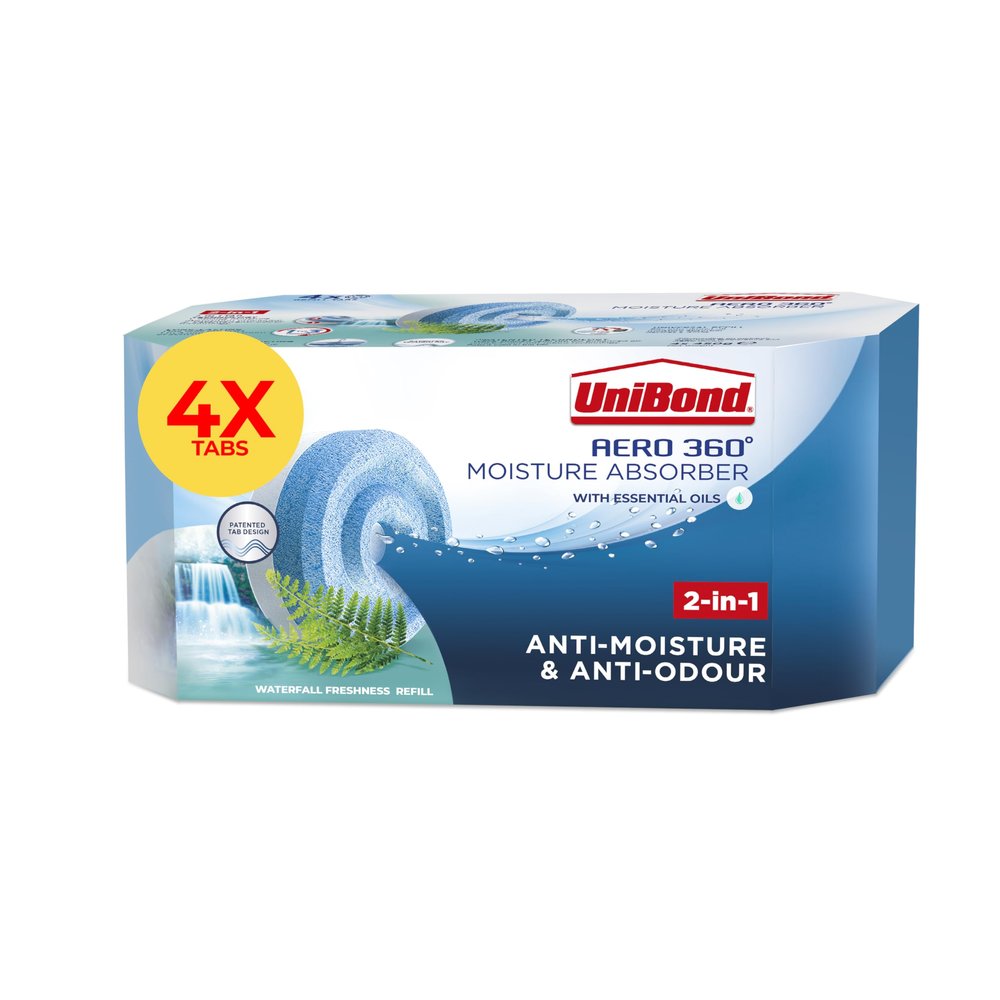UniBond AERO 360 Moisture Absorber Waterfall Freshness Refill Tab, Aromatherapy, Ultra-Absorbent and Odour-Neutralising, for AERO 360 Dehumidifier, Condensation Absorbers, Four Pack (4 x 450g)