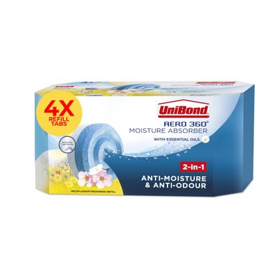 Unibond AERO 360 Moisture Absorber Wildflower Meadow Refill Tab,Aromatherapy,Ultra-Absorbent and Odour-Neutralising,for Dehumidifier,Condensation Absorbers,Four Pack (4x450g),White and Blue