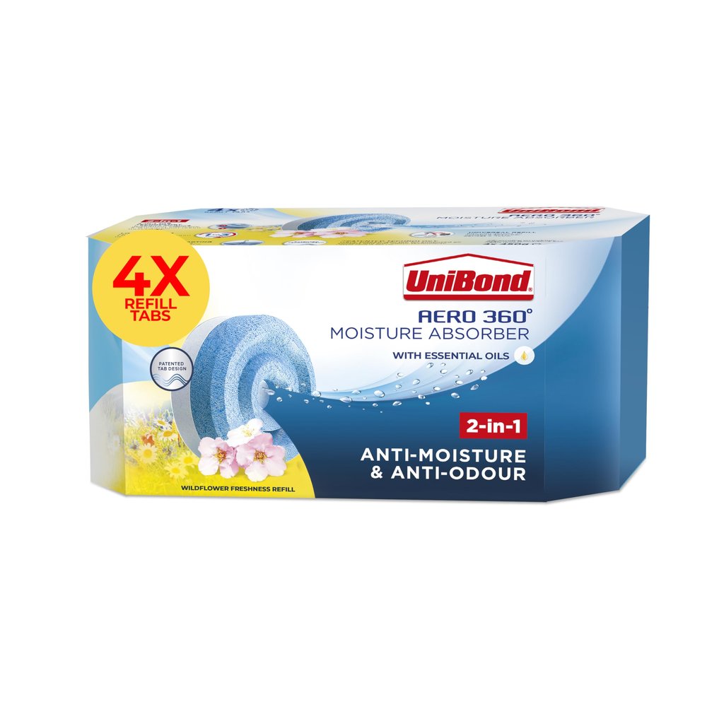 Unibond AERO 360 Moisture Absorber Wildflower Meadow Refill Tab,Aromatherapy,Ultra-Absorbent and Odour-Neutralising,for Dehumidifier,Condensation Absorbers,Four Pack (4x450g),White and Blue