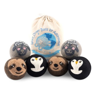 ADORNIMAL Wool Dryer Balls  Natural Fabric Softener  100% Pure New Zealand Wool  Handcrafted in Nepal  Dryer Balls Laundry Reusable Penguin, Sloth, & Sheep Design  6 Pack Laundry Balls for Dryer