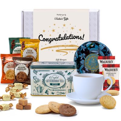 Afternoon Tea Hamper Gift Hattie's Gifts Tea and Biscuits Gift Set with Luxury Fudge | Congratulations Gift Sleeve