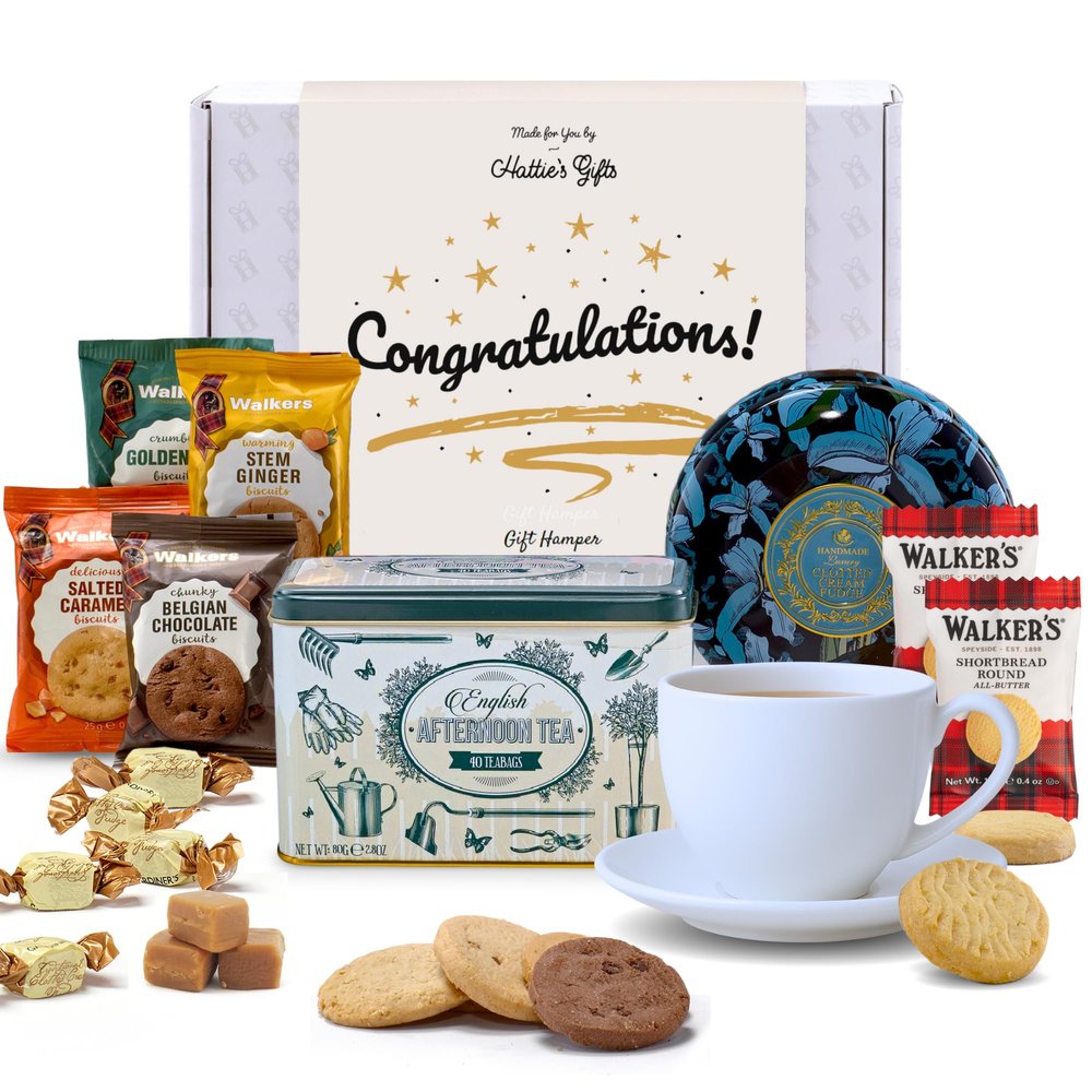 Afternoon Tea Hamper Gift  Hattie's Gifts Tea and Biscuits Gift Set with Luxury Fudge | Congratulations Gift Sleeve