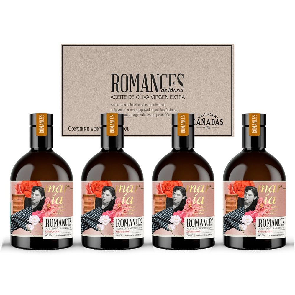 ROMANCES de Moral | Extra Virgin Olive Oil (Arbequina Variety, 500ml. x 4units) | Best Premium EVOO from Calatrava | Luxury gourmet EVOO from arbequina olives | Direct sale and limited production