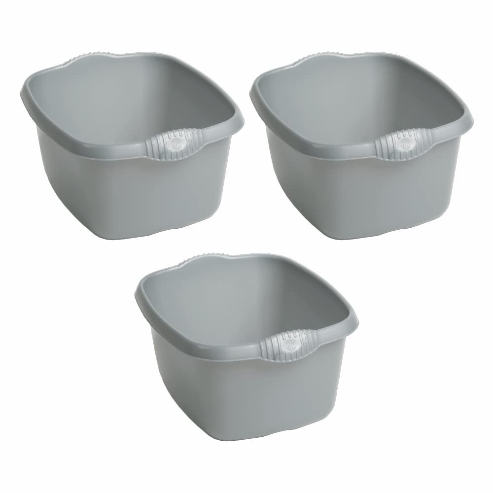 (Set of 3) 39cm Silver Washing Up Bowl High Grade Plastic Large Rectangular Sink Tidy Bowl Multipurpose Basin Mixing Washbowl Organizer Dish Caddy for Space Saving Home & Kitchen Garden Camping
