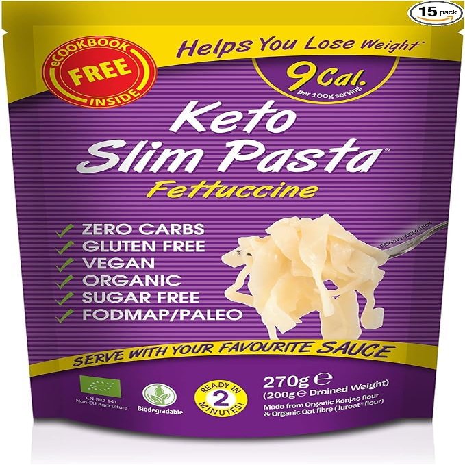 Keto Slim Fettuccine Pasta (Pack of 15 x 270g) Organic Konjac Flour & Oats Shirataki Pasta, Zero Carb, Low Calorie, Gluten, Fat & Sugar Free, Vegan High Fibre Ready to Eat, Paleo Diet Friendly