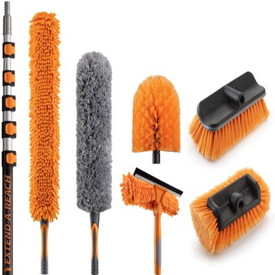 30 Foot High Reach Telescoping Duster Kit and Vinyl Siding Brushes with 7-24 ft Extension Pole // High Ceiling Cleaning and Window Washing kit // Exterior & Interior House and Gutter Cleaning Brush