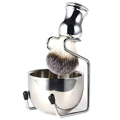 Shaving Set Soap Bowl + Shaving Brush + Stand Holder, Stainless Steel + Nylon Brush Kit Pure Hair Shaving Brush Kit