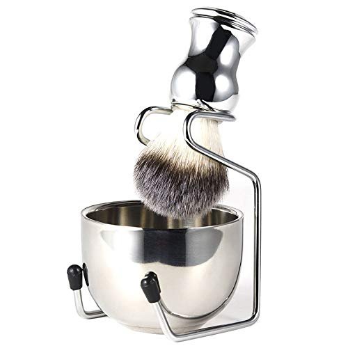 Shaving Set Soap Bowl + Shaving Brush + Stand Holder, Stainless Steel + Nylon Brush Kit Pure Hair Shaving Brush Kit