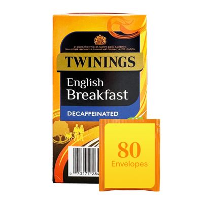 Twinings English Breakfast Decaffeinated Tea Bags, 4 Boxes of 20 Individually Wrapped Enveloped Tea Bags, Black, 80 count