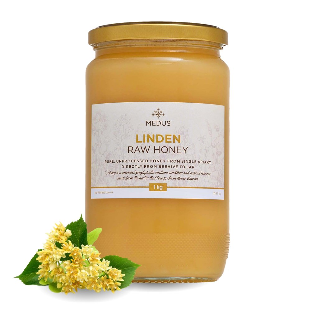 Earthbreath Linden | Lime | Basswood Raw Honey - 1kg - Pure, Unpasteurised and Unfiltered - Natural Sweetener for Cooking, Coffee, Tea, Juice, Drinks, Food