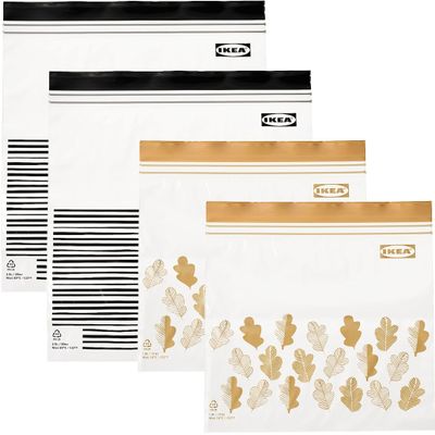 Ikea ISTAD Medium Reusable Food Bags with Double Seal, 1.2 & 2.5 Litres, Black Striped/Yellow Leaf - Set of 100 Bags