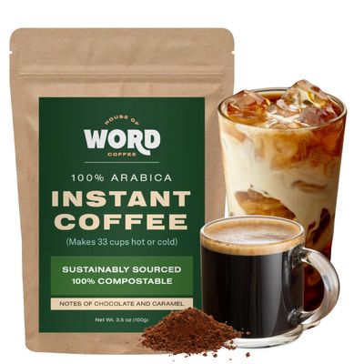 Word Arabica Instant Coffee Medium Roast Hot or Iced Coffee Responsibly Sourced Compostable Packaging 100 Servings (300g)
