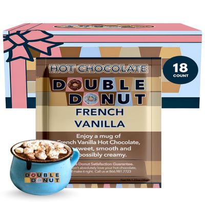 Double Donut French Vanilla Hot Chocolate Mix Packets, Flavored French Vanilla Hot Cocoa Mix, 18 Count