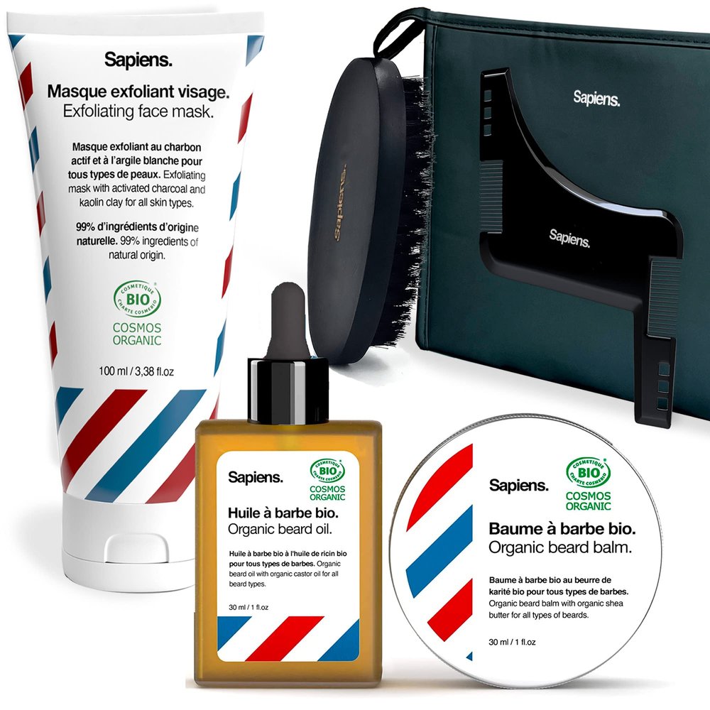 Sapiens Men's Gift Set - Complete Beard Care Kit - Organic Beard Oil, Organic Beard Balm, Organic Face Exfoliating Mask, Beard Stencil, Boar Hair Beard Brush, Toiletry Bag