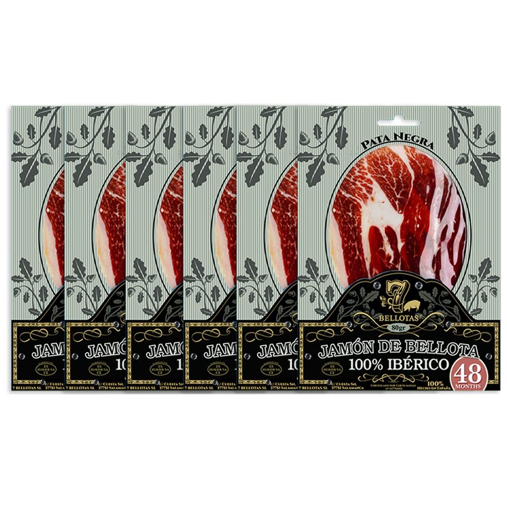 7 BELLOTAS 100% Iberico Ham | Made From Acorn Fed Iberico Pigs and Natural Curation Process | Spanish Jamon Pata Negra | Jamon Iberico Bellota | 48 Months (Sliced 6 X 80 gr.)