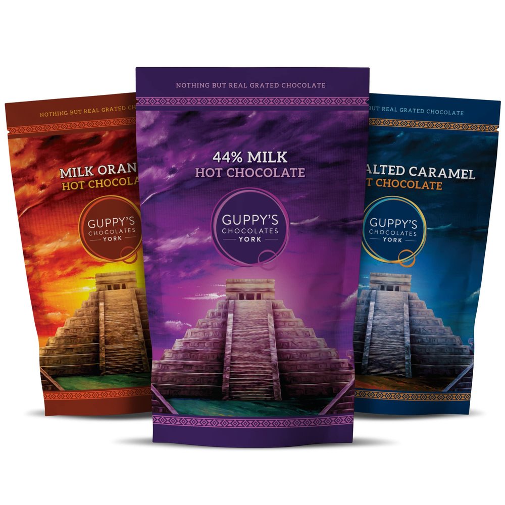 Guppy's Chocolates York | Hot Chocolate Flakes | 3 Pack | Real Grated Drinking Chocolate | 245g Resealable Pouch Equal To 7 Sachets per pack (Milk | Orange | Salted Caramel)