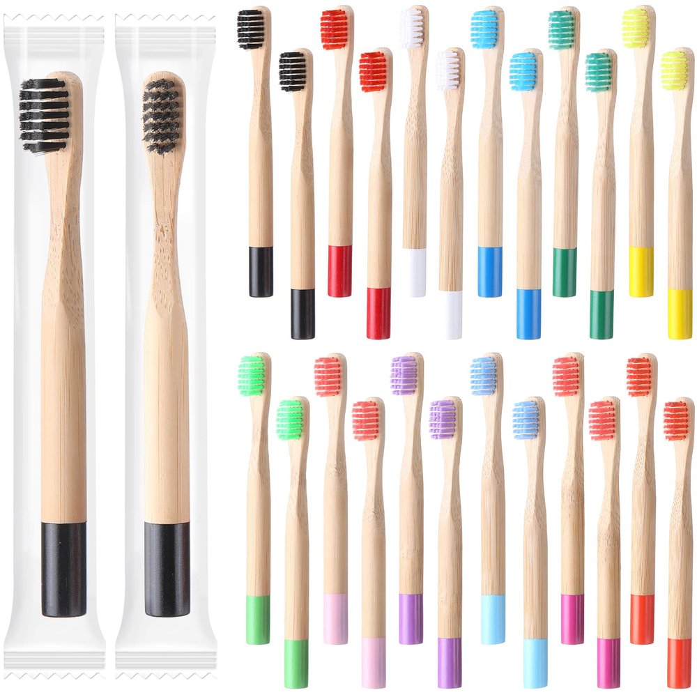 24 Pcs Kids Bamboo Toothbrushes Soft Bristle Toddler Toothbrush BPA Free Wooden Travel Toothbrushes for Kids Children Home Travel School Teeth Oral Dental Care, 5.7 Inches, Individually Wrapped