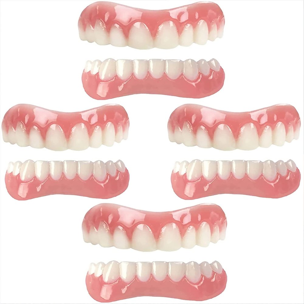WoCOyo False Teeth Immediate Reusable Nature Smile Cosmetic Dentures Temporary Detachable Top and Bottom Silica Gel Veneer Dentures for Men and Women,4pair