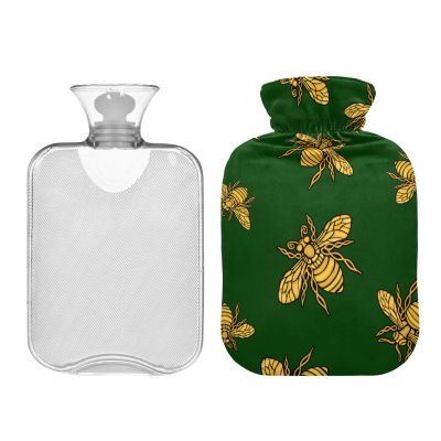 Golden Honey Bee in Green Background Hot Water Bottle with Soft Cover, 2 Liter Hot Water Bag for Neck and Shoulder Pain Relief, Period Warmer for Cramps