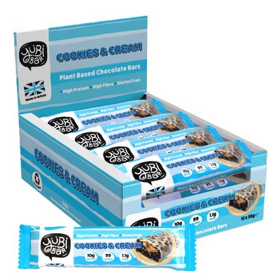 Yubi Cookies & Cream - 12 Pack - Protein Bars - 99 Calories, High Protein, High Fibre, Low Sugar, Gluten Free and Dairy Free - Healthy Snacks/Nutrition Bar - Chocolate Bars - 420g