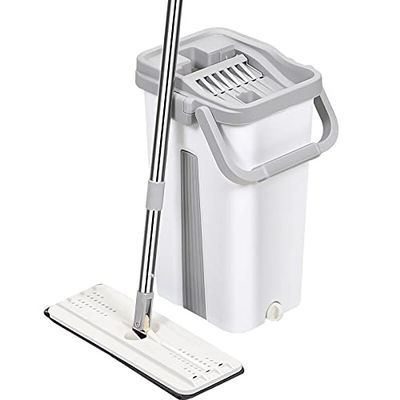 SERUMY Mop Hand-Free Wringing Mop with Bucket for Washing Floors Cleaning Lightning Offers Squeeze Flat Spin Wiper Kitchen Lazy Automatic Mops Floor Cleaning (Color : White with 1 pad)