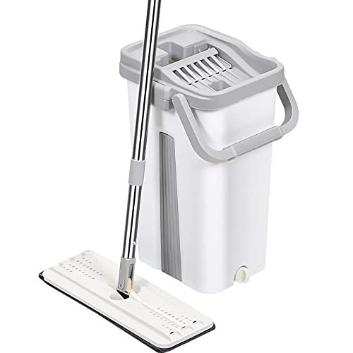 SERUMY Mop Hand-Free Wringing Mop with Bucket for Washing Floors Cleaning Lightning Offers Squeeze Flat Spin Wiper Kitchen Lazy Automatic Mops Floor Cleaning (Color : White with 1 pad)
