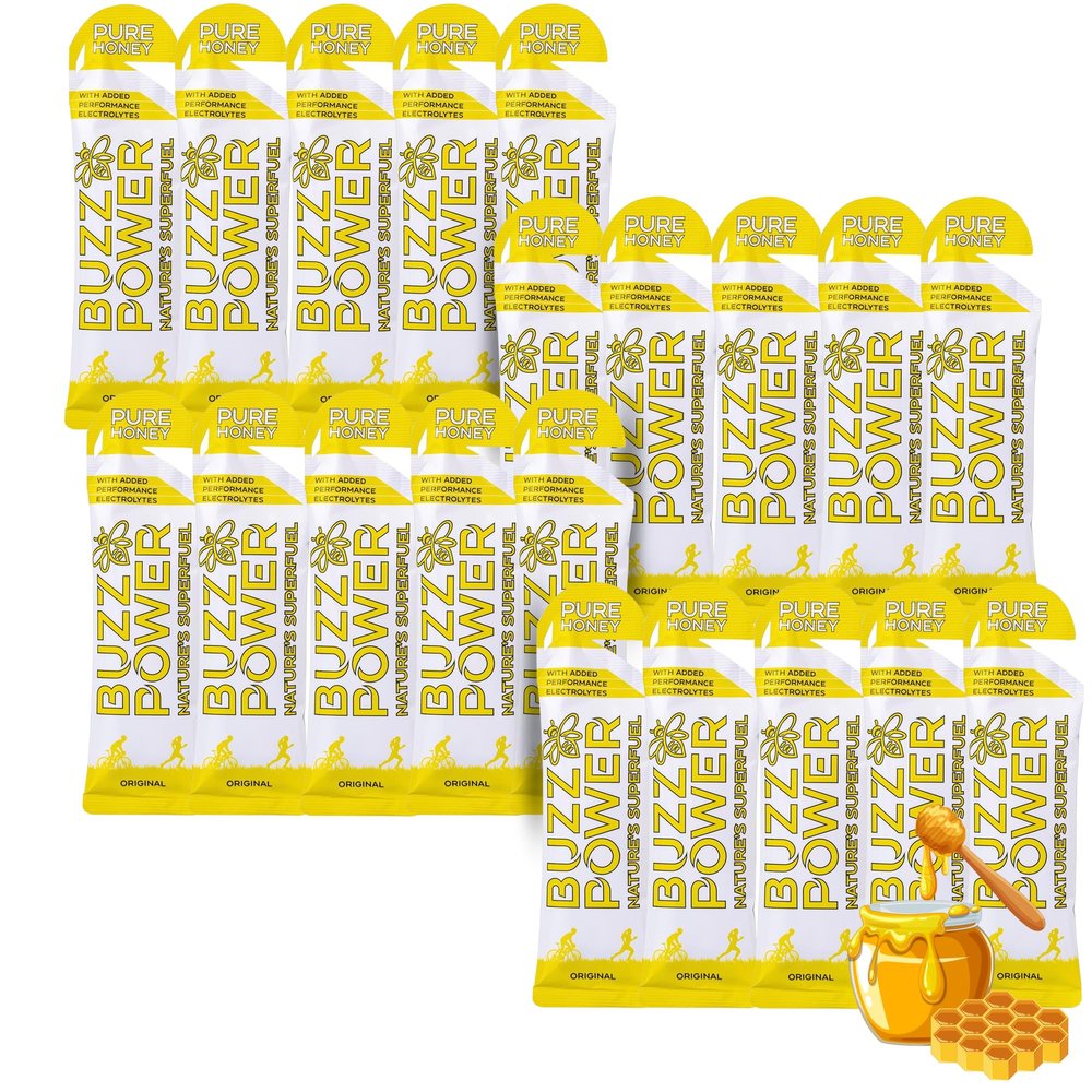 Buzz Power Honey Energy Gels for Running with 25g Carbohydrate (20 Pack) - Natural Running Gels with Performance Electrolytes, Glucose & Fructose for Endurance Athletes and Outdoor Activities