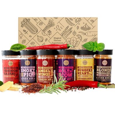 Gourmet Selection of Premium BBQ Seasonings - Holy Cow, Angels Wings, Smoky Pig, Tandoori Rajah, Burger's Heart & Blonde Mermaid BBQ Rubs | Pack of 6 | 100% Natural | Great Spices Gift Set For Foodie
