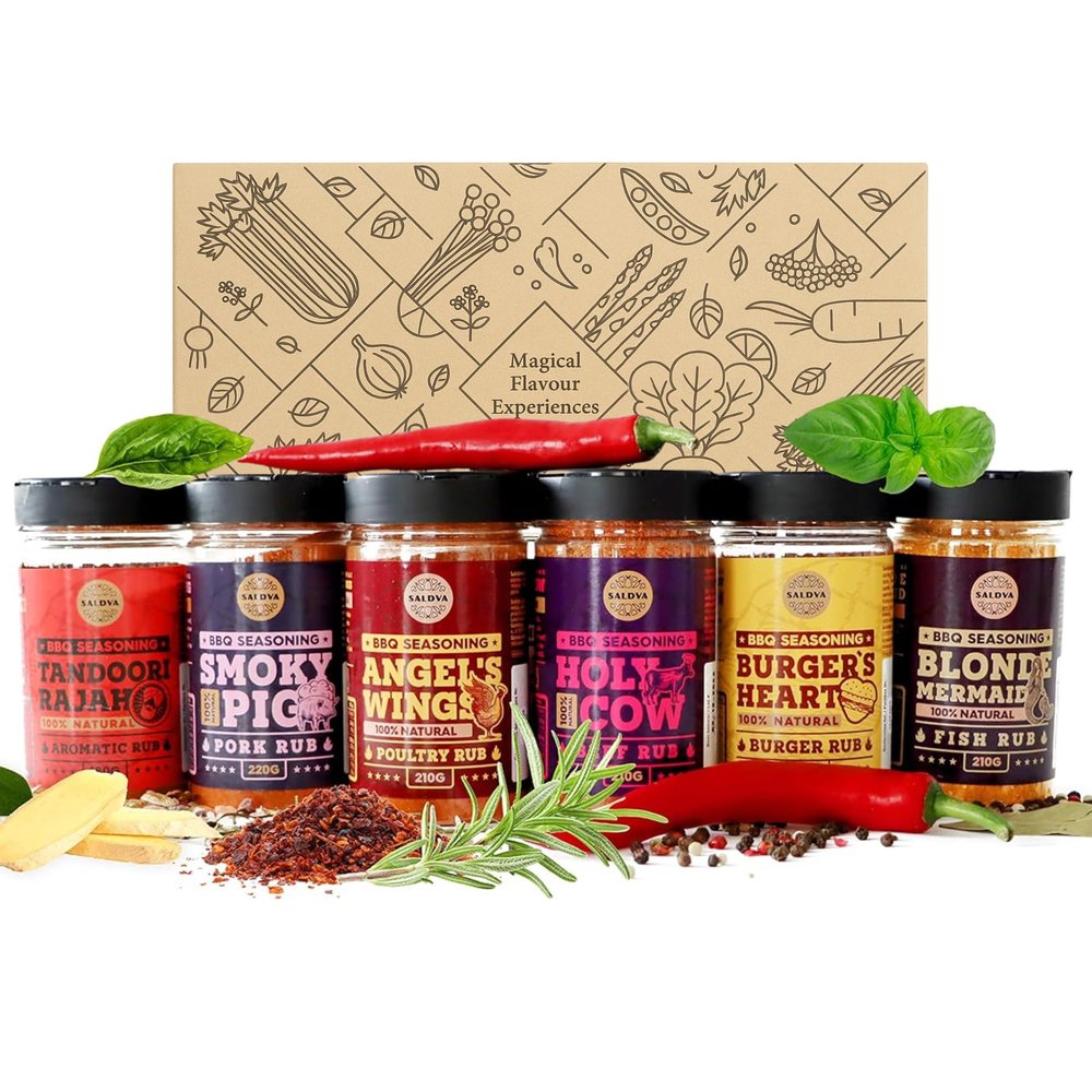 Gourmet Selection of Premium BBQ Seasonings - Holy Cow, Angels Wings, Smoky Pig, Tandoori Rajah, Burger's Heart & Blonde Mermaid BBQ Rubs | Pack of 6 | 100% Natural | Great Spices Gift Set For Foodie