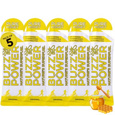 Buzz Power Honey Energy Gels for Running with 25g Carbohydrate (5 Pack) - Natural Running Gels with Performance Electrolytes, Glucose & Fructose for Endurance Athletes and Outdoor Activities