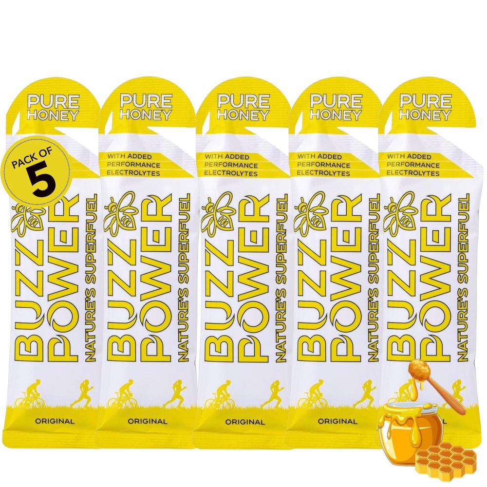 Buzz Power Honey Energy Gels for Running with 25g Carbohydrate (5 Pack) - Natural Running Gels with Performance Electrolytes, Glucose & Fructose for Endurance Athletes and Outdoor Activities