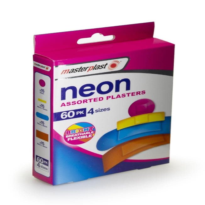 Plasters Assorted Breathable Neon Band Aid Plasters Keeps Wounds, cuts and grazes Clean and Dry While They heal 4 Sizes (Neon, 60)