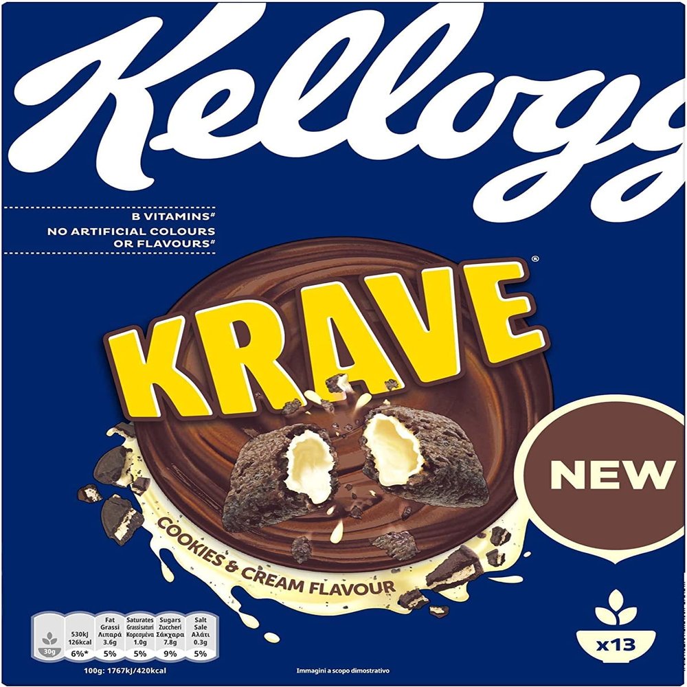 3 x Kellogg's Krave Cookies & Cream Flavour Crispy Cocoa Cereals, Filled with Cream