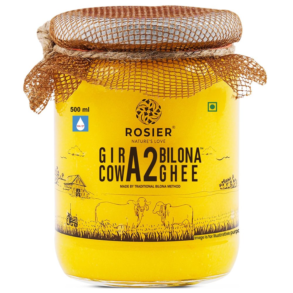 ROSIER A2 Gir Cow Ghee (500 ml) | Traditional Bilona Method A2 Cow Ghee | Grassfed, Pure and Healthy Desi Cow Ghee (Glass Bottle - 500 ML)