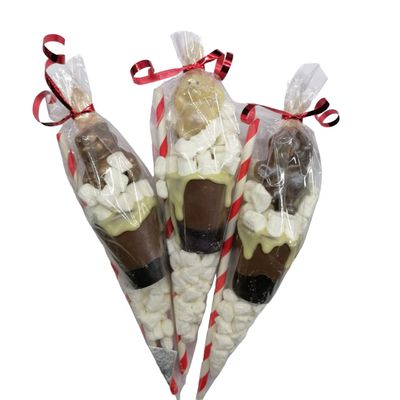 Cone Hot Chocolate Stirrers Set of 6 Teddies | Fun Kids Treat | Milk, Dark & White Belgian Chocolate with Marshmallows | Handmade Gift