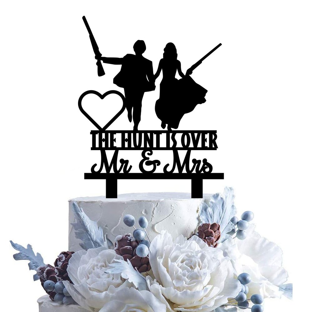 The Hunt Is Over Wedding Cake Topper: Groom & Bride With Rifle - Mr. & Mrs. Wedding Cake Topper
