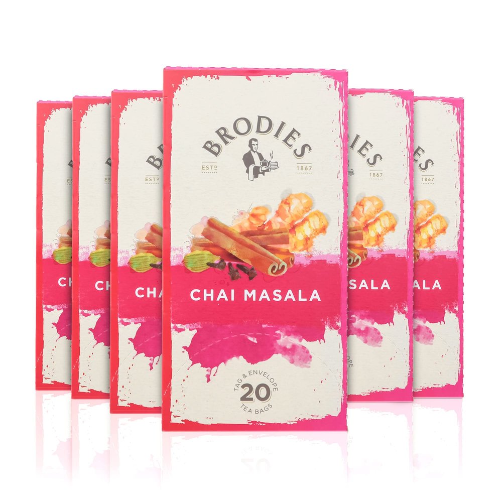 Brodies Chai Masala Tea Tag and Envelope - 6 Tea Boxes of 20 Tea Bags each (120 Tea Bags) - Classic Indian Black Tea blended with Spices for a rich flavour and aroma