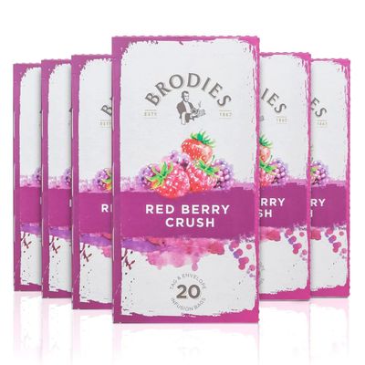 Brodies Red Berry Crush Tag and Envelope - 6 Tea Boxes of 20 Tea Bags each (120 Tea Bags) - A mix of Berries and Fruits for an Infusion with a superb Aroma. Caffeine Free
