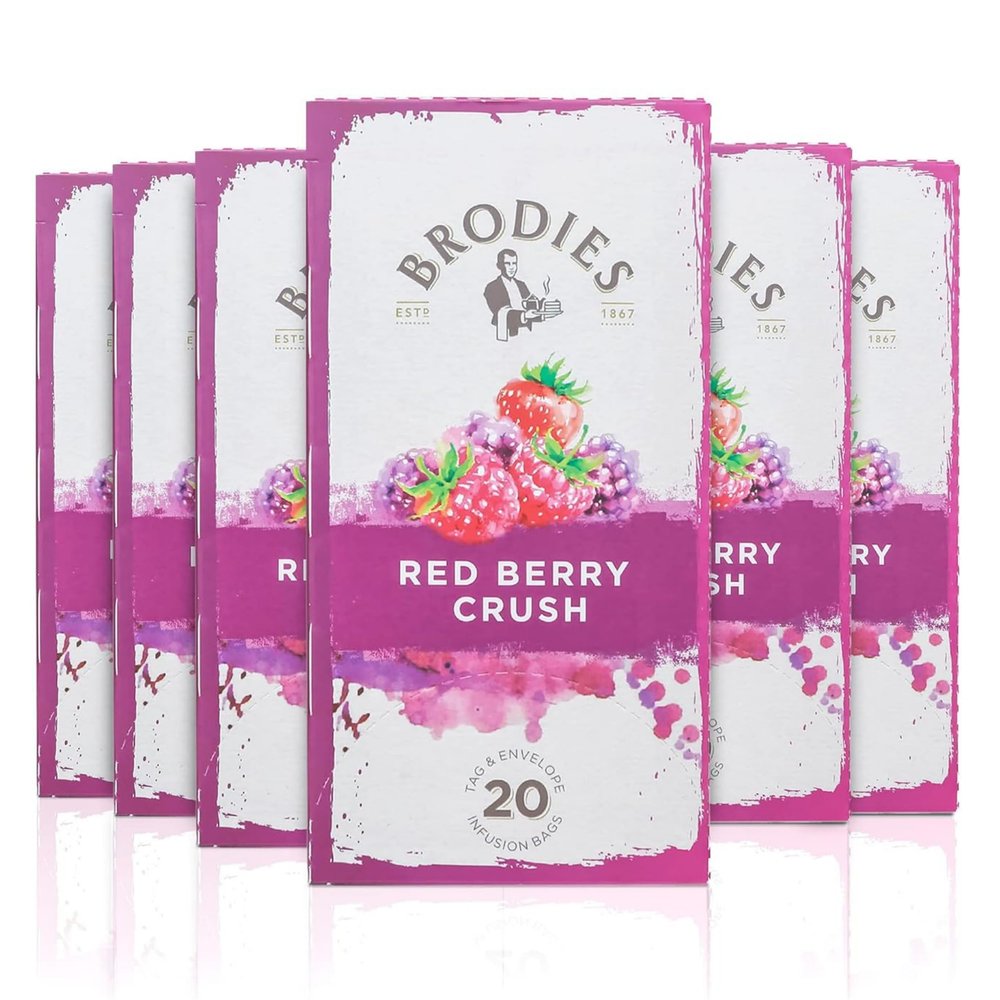 Brodies Red Berry Crush Tag and Envelope - 6 Tea Boxes of 20 Tea Bags each (120 Tea Bags) - A mix of Berries and Fruits for an Infusion with a superb Aroma. Caffeine Free
