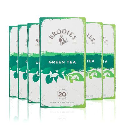 Brodies Green Tea Tag and Envelope - 6 Tea Boxes of 20 Tea Bags each (Total 120 Tea Bags) - Light and refreshing blend of pure Sencha Green Tea, rich in antioxidants